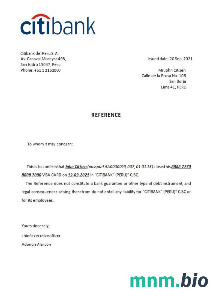 Przykład zamknięcia Peru Citibank w formatach Word i PDF